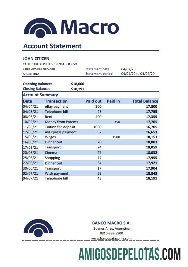 Modelo de extrato bancário Argentina Banco Macro S. A. para download em formato Excel e PDF